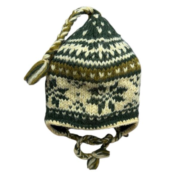 Vintage Nepali Knit 100% Wool Chullo Beanie Hat Youth Green Cream Fair Isle - Picture 3 of 8